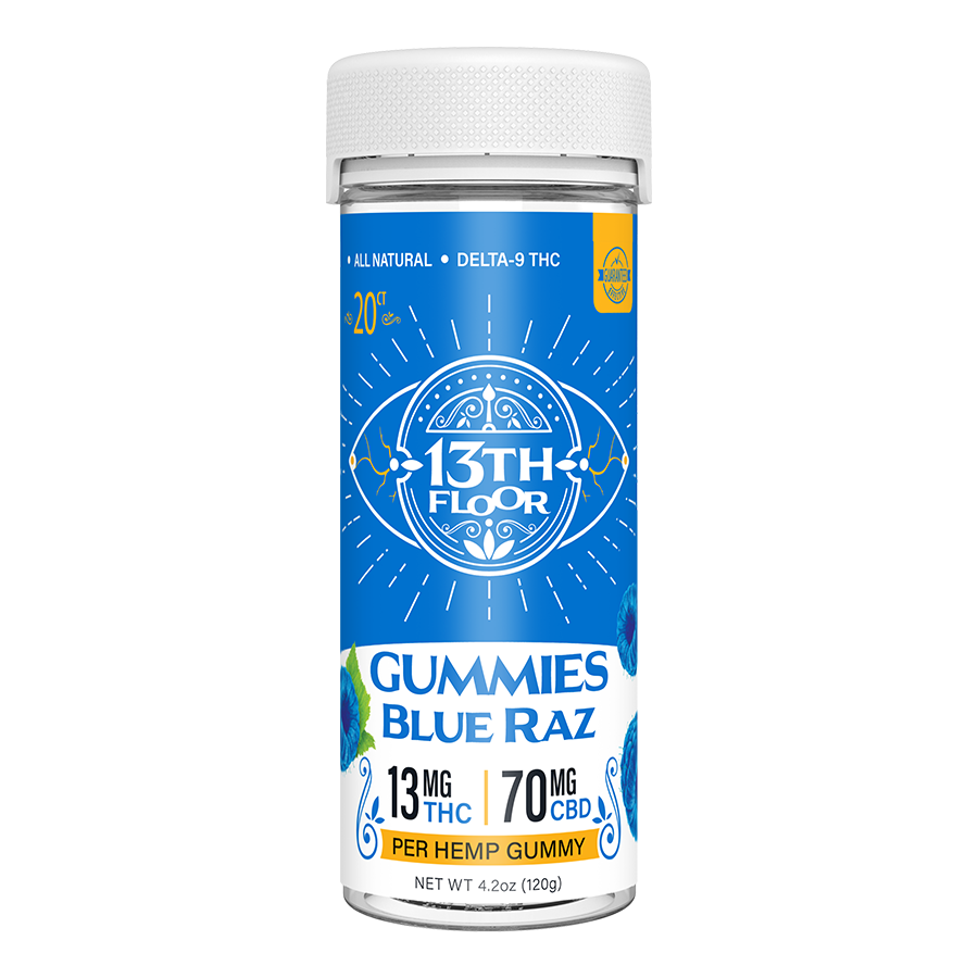 13th Floor Gummies Blue Raz tube container on a white background