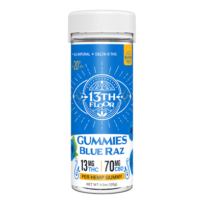 13th Floor Gummies Blue Raz tube container on a white background