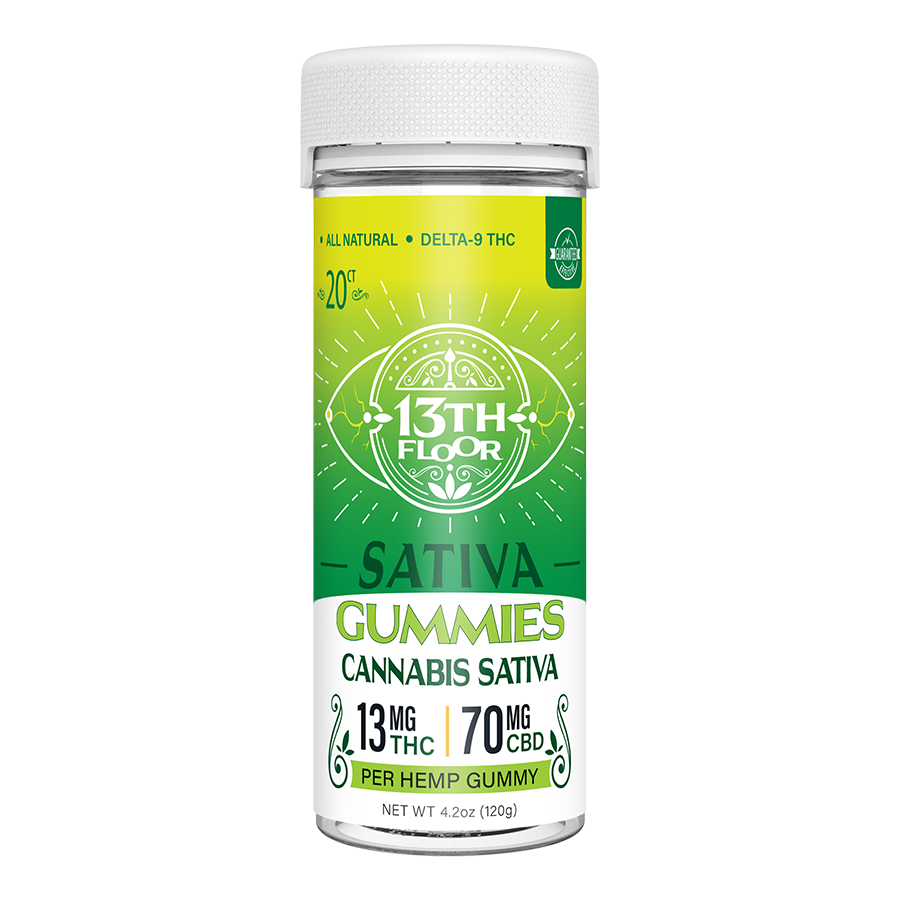 13th Floor Sativa Gummies container on a white background